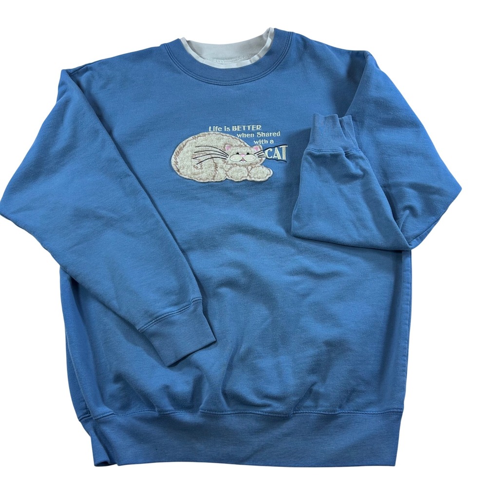 VTG 90's Blue Crewneck Cat Lover Sweatshirt Cottage Core Nostalgic - Picture 1 of 4